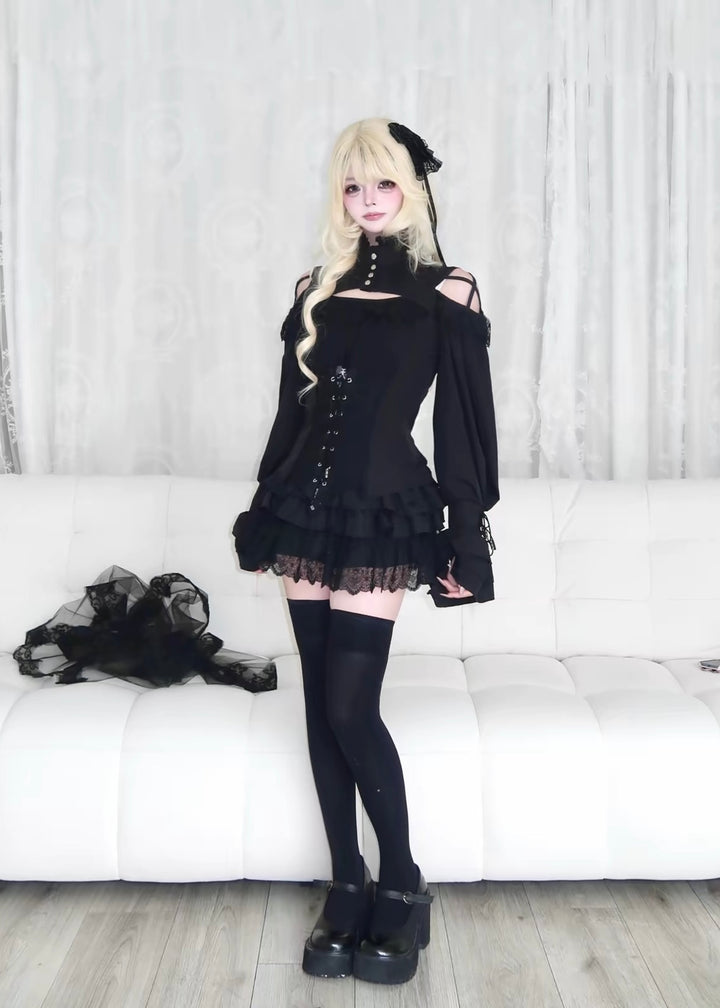 GOTHIC CORSET LACE-UP COLD SHOULDER TOP / LG1674