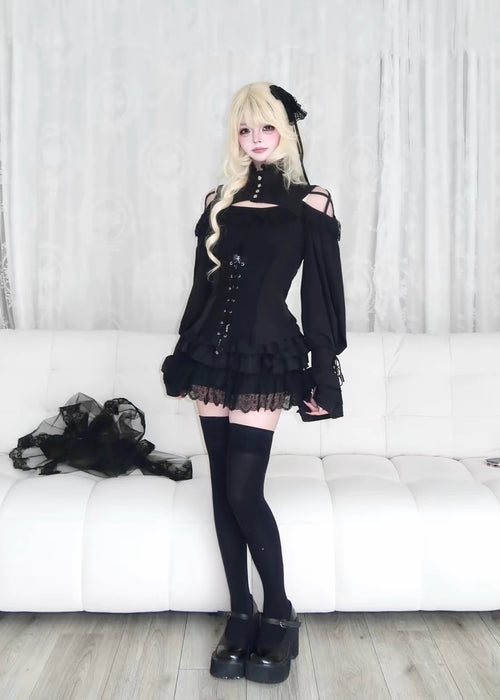 GOTHIC CORSET LACE-UP COLD SHOULDER TOP / LG1674