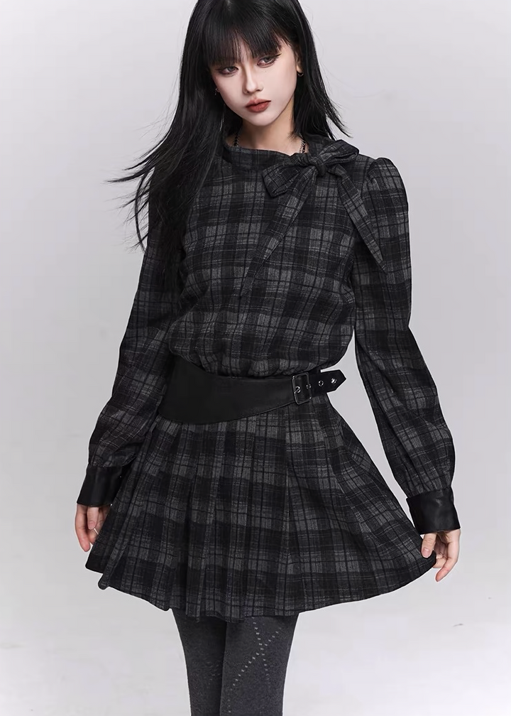 GHOSTLY CHECK RIBBON MINI DRESS / LG1490