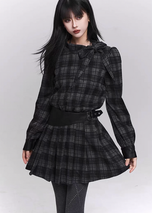 GHOSTLY CHECK RIBBON MINI DRESS / LG1490