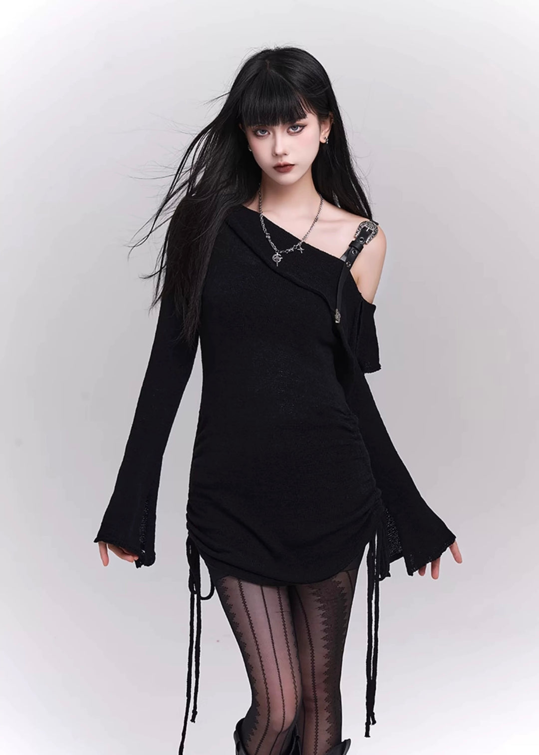 slim slant shoulder knit dress / LG1149 