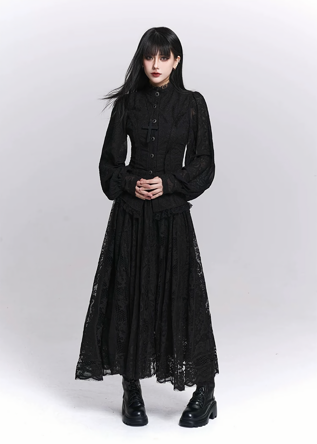 Black Lace A-Line Pleated Long Skirt / LG1522