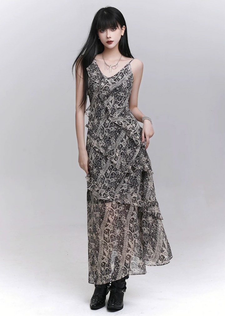 Grey tie-dye x tulle drape dress / lg1312 