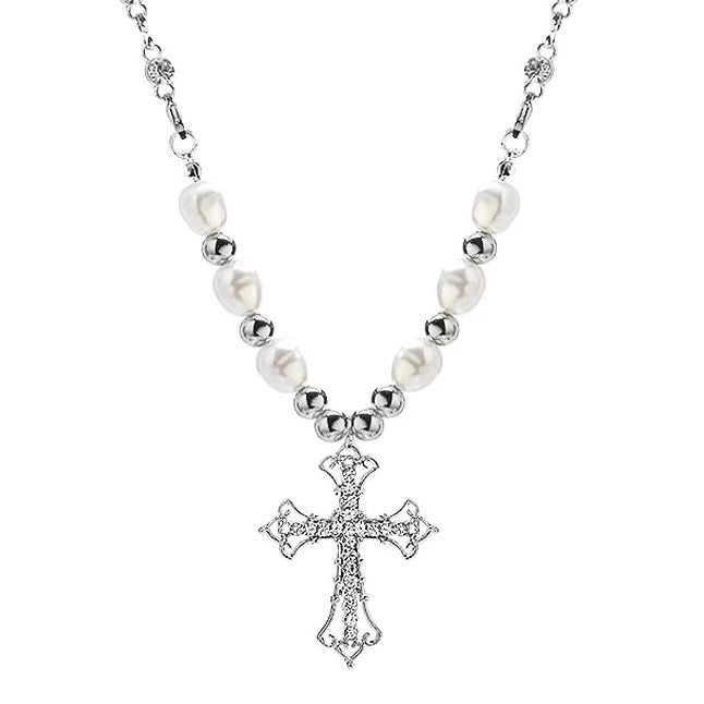 MULTI PEARL CROSS NECKLACE / A1150