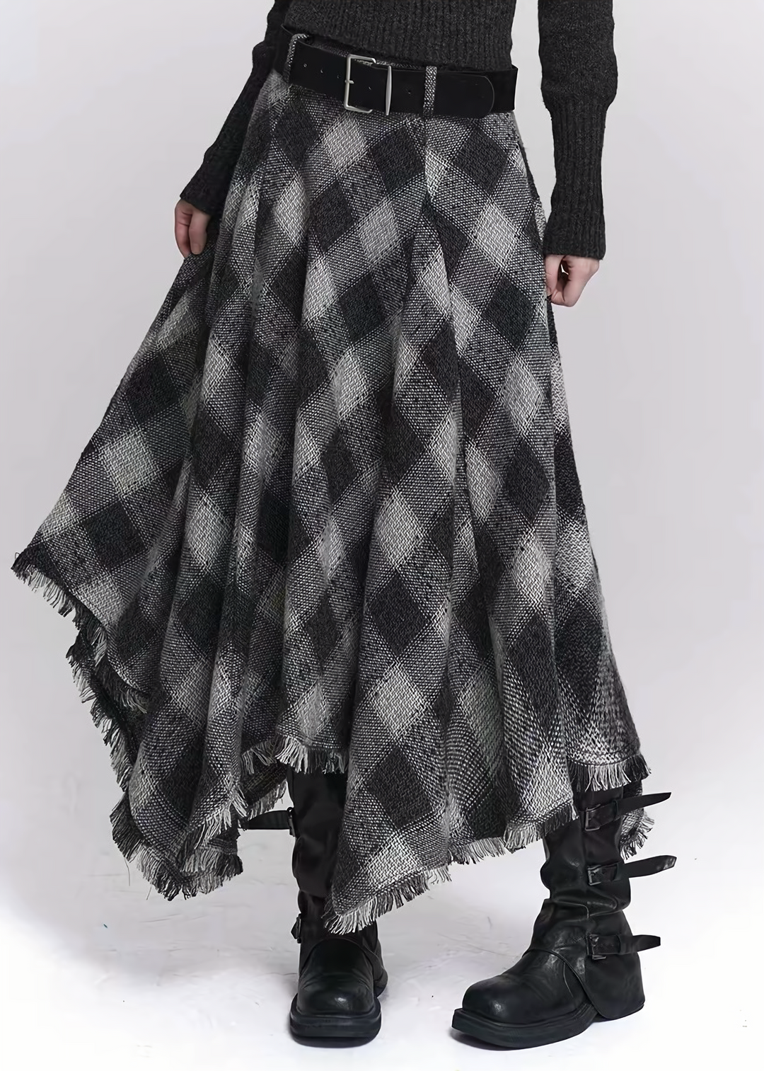 BLACK & GREY CHECK IRREGULAR MIDI SKIRT / LG1533