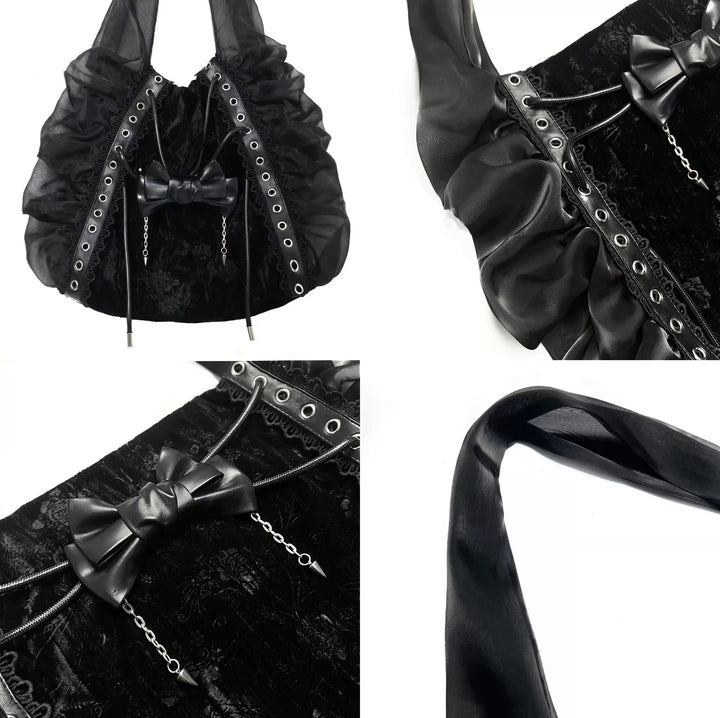 BLACK LACE GATHER RIBBON BAG / B1118
