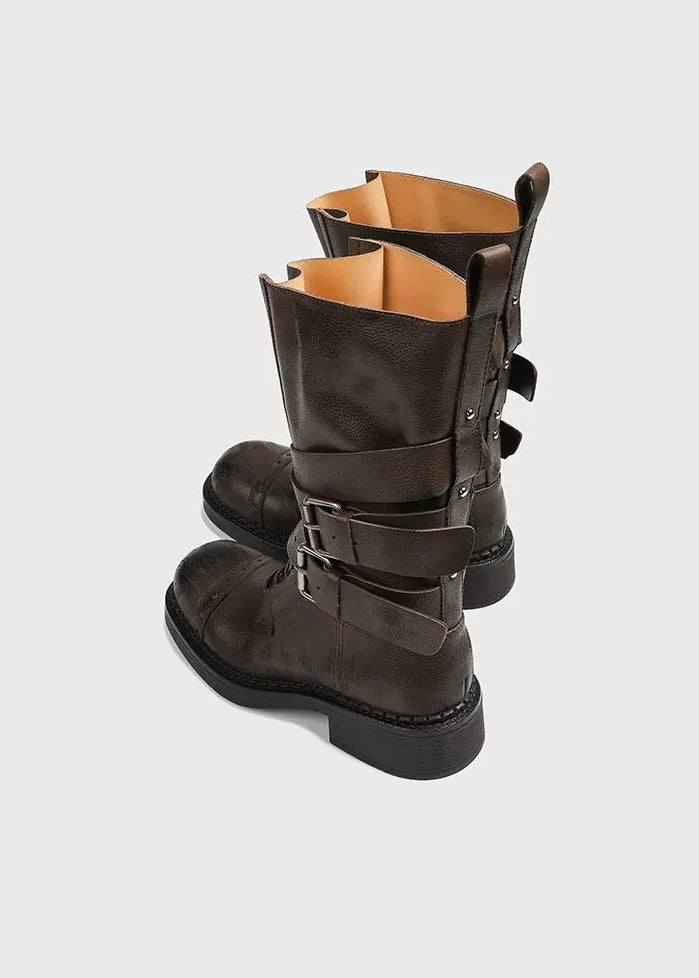 Double belt high-top lace-up boots / v1152