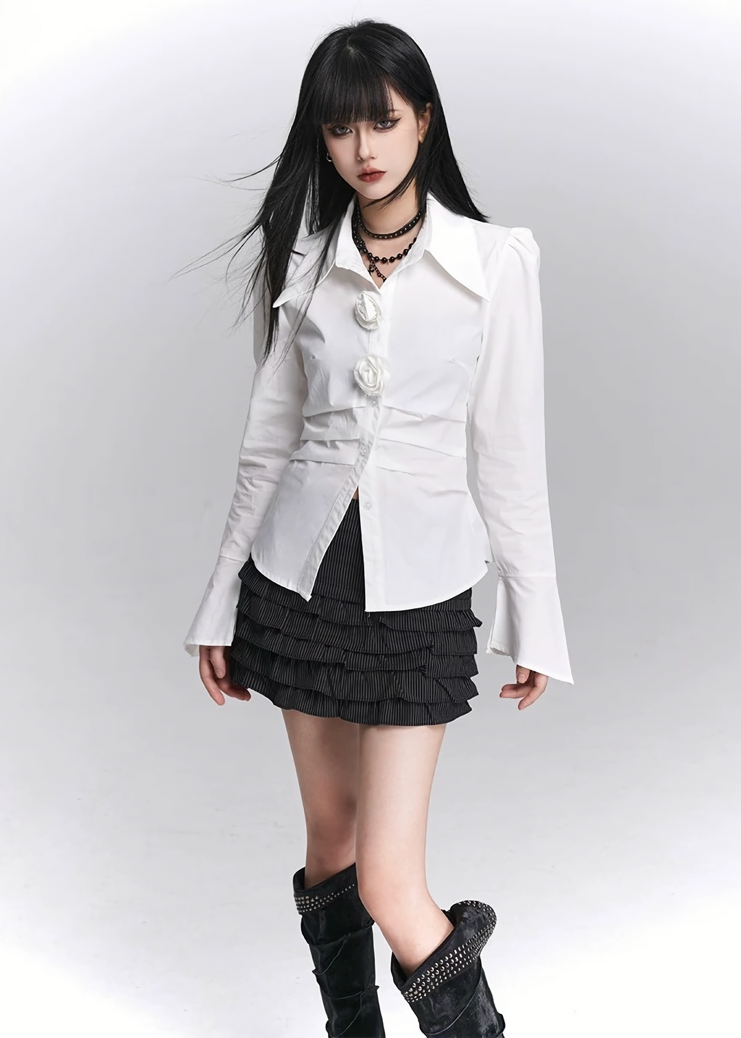 FLOWER BUTTON FLARE SLEEVE SHIRT / LG1429