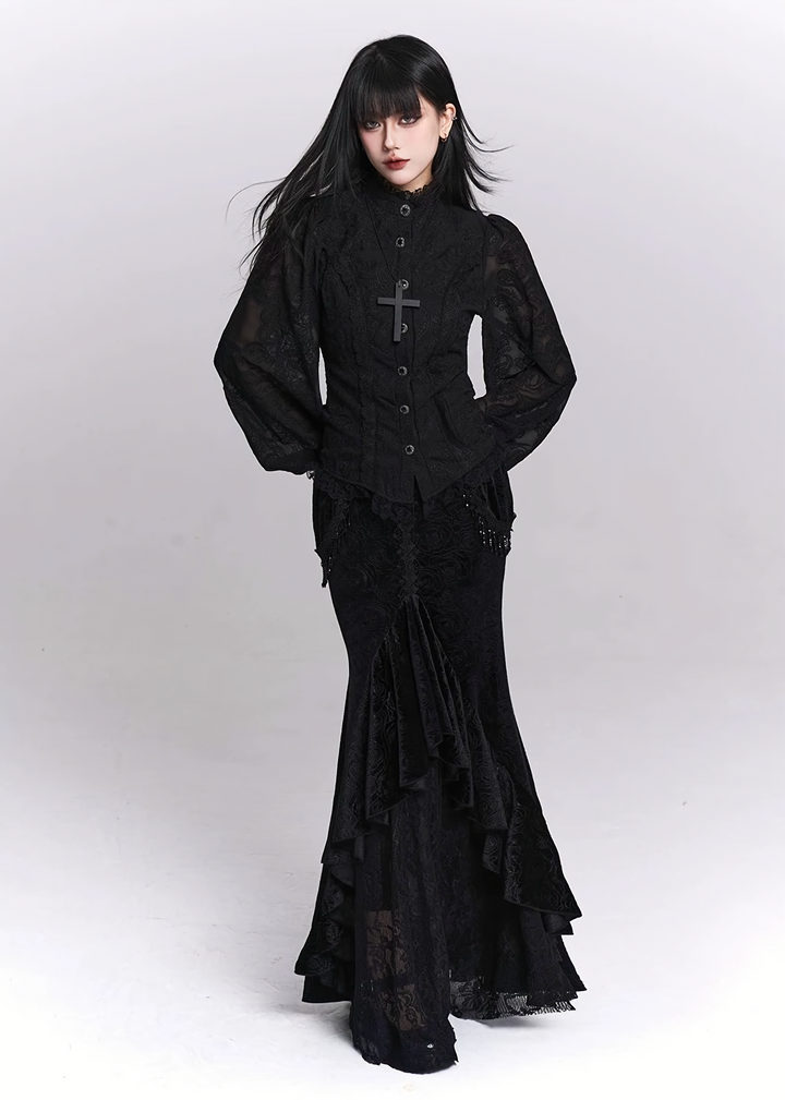 Black Jacquard Fishtail Long Skirt / LG1521