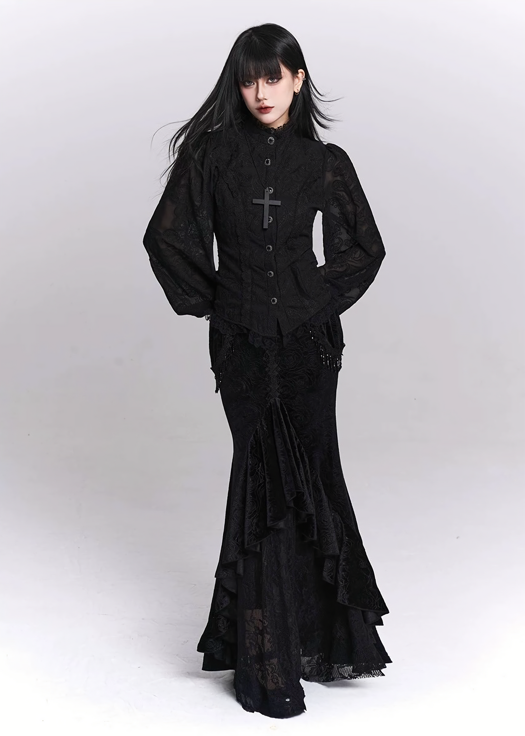 Black Jacquard Fishtail Long Skirt / LG1521