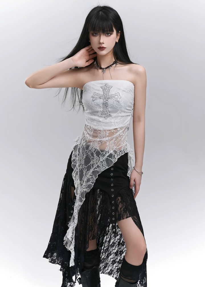 Sequin Cross Lace Tube Top / LG1280
