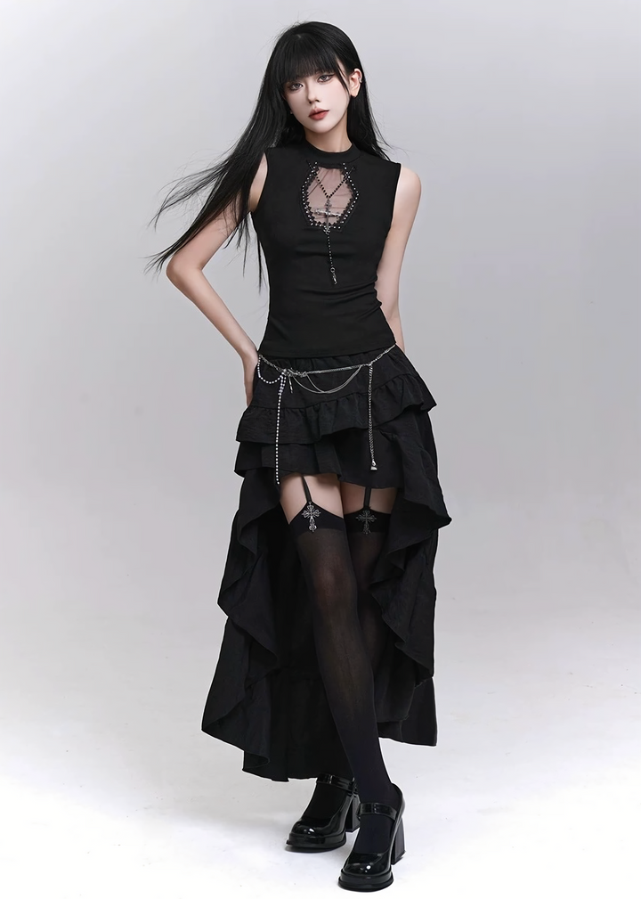 Pearl and cross motif gothic lace camisole / LG1300