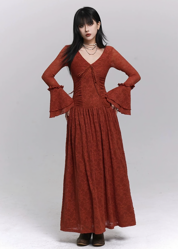 RUCHED LACE FLARE SLEEVE DRESS / LG1482