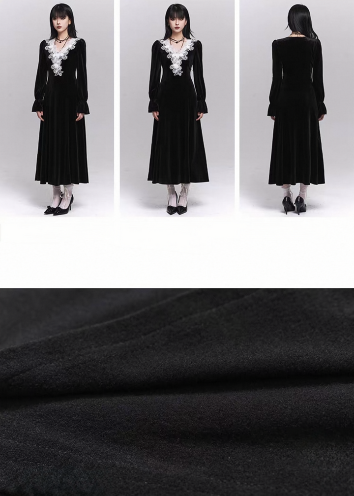 VELVET LACE V-NECK LONG DRESS / LG1505
