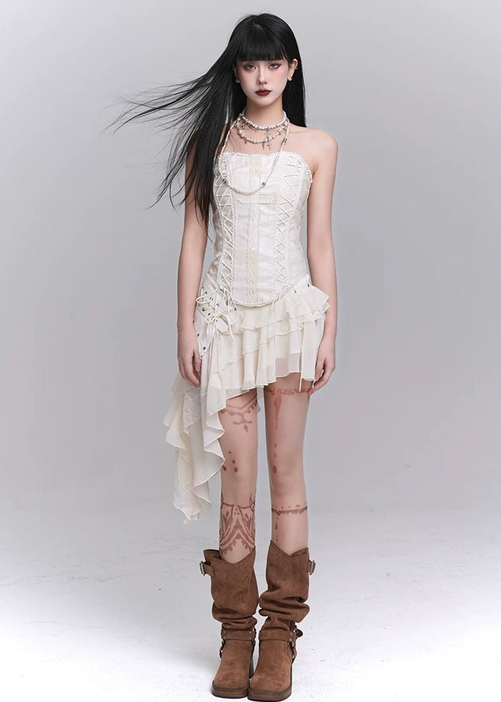 white cross tube top &amp; lace irregular skirt / LG1240