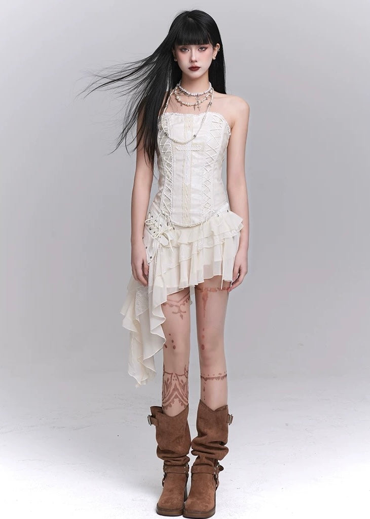 white cross tube top & lace irregular skirt / LG1240