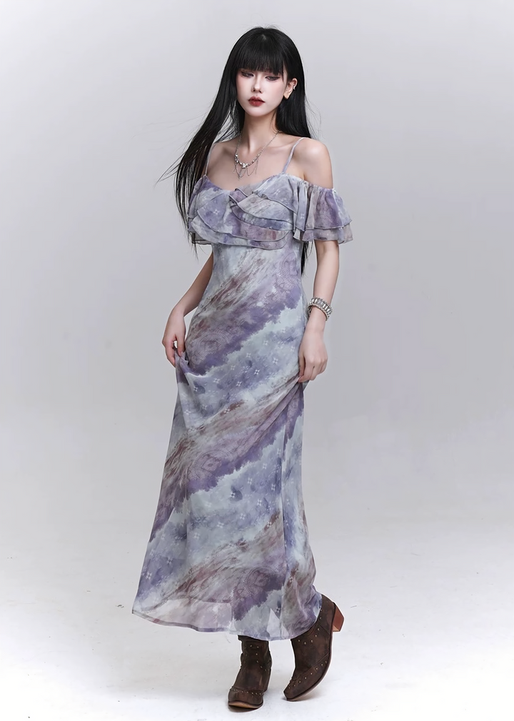Sheer drape gathered purple dress / lg1316 
