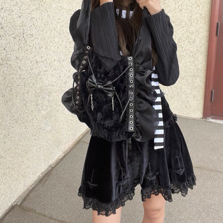 BLACK LACE GATHER RIBBON BAG / B1118