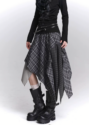 ASYMMETRY CHECK DRAPE SKIRT / LG1447
