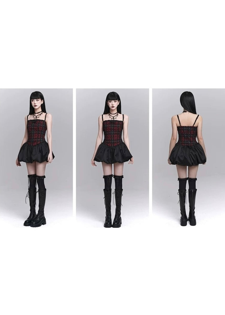 checkered suspender short dress / LG1246