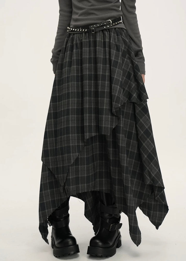 ASYMMETRIC CHECK DRAPE SKIRT / LG1539