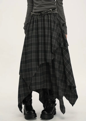 ASYMMETRIC CHECK DRAPE SKIRT / LG1539