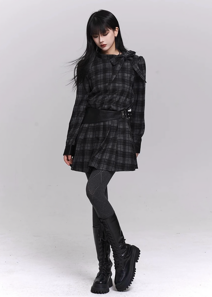 GHOSTLY CHECK RIBBON MINI DRESS / LG1490