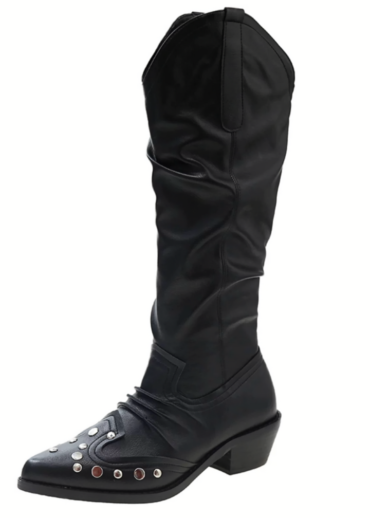 METAL STUDDED LONG WESTERN BOOTS / V1157