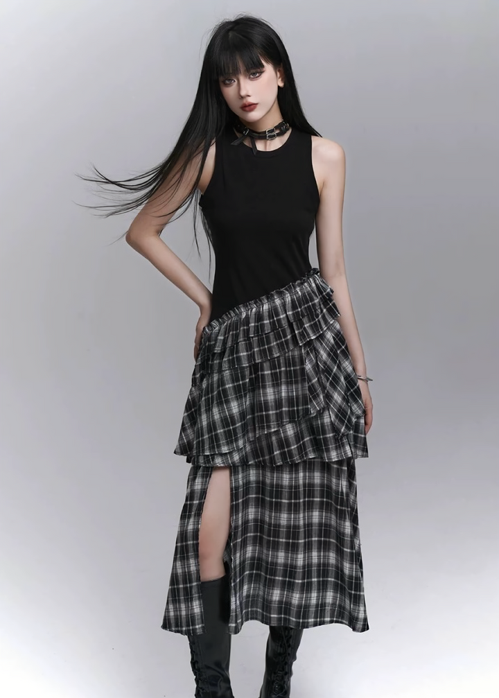 GOTHIC ASYMMETRY CHECK DRESS / LG1283