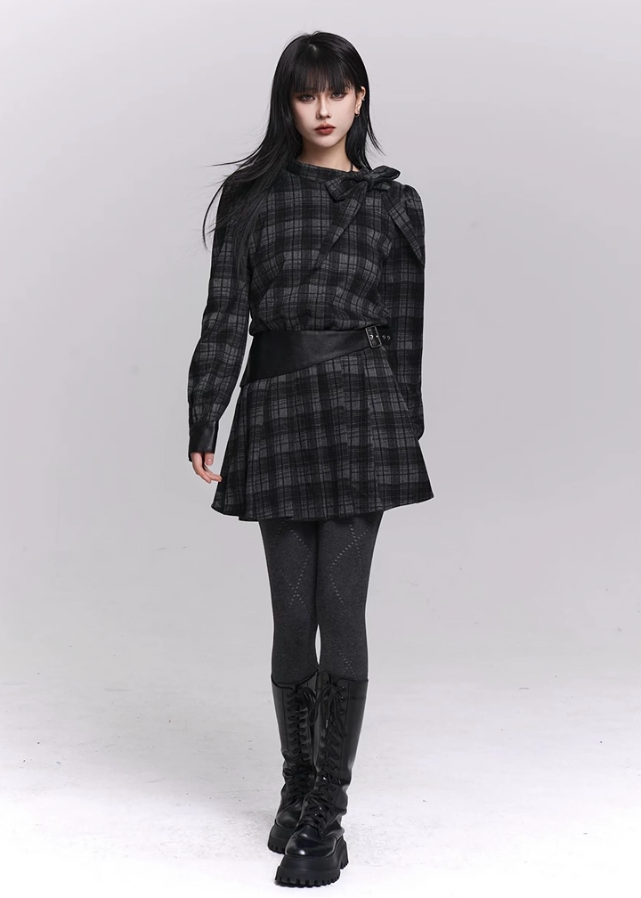 GHOSTLY CHECK RIBBON MINI DRESS / LG1490