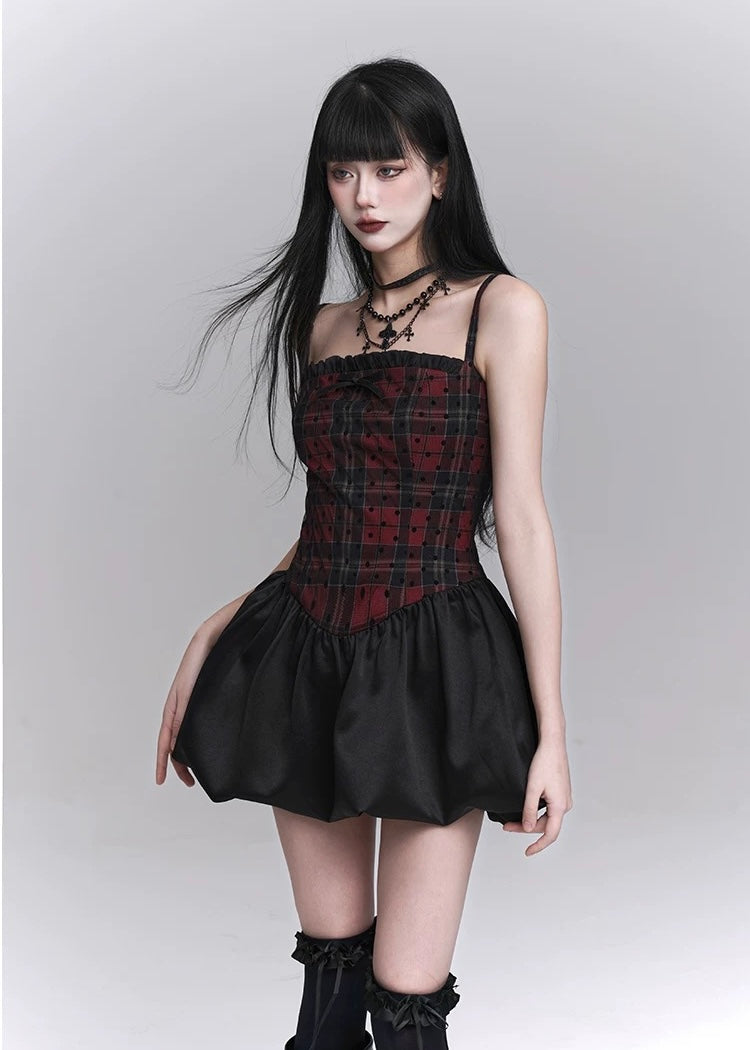 checkered suspender short dress / LG1246