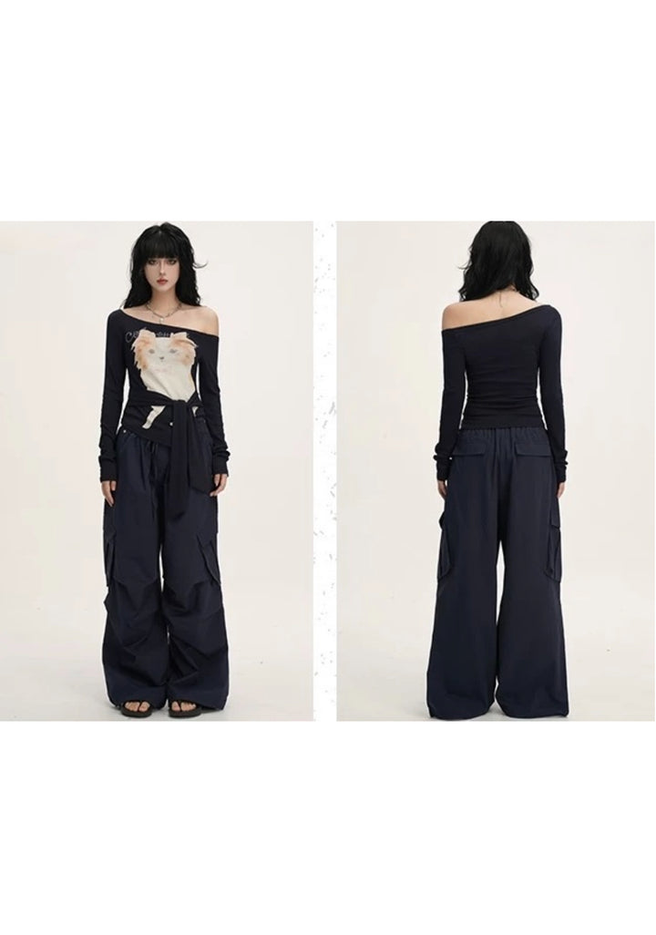 CAT GRAPHIC OFF-SHOULDER TOP / LG1393