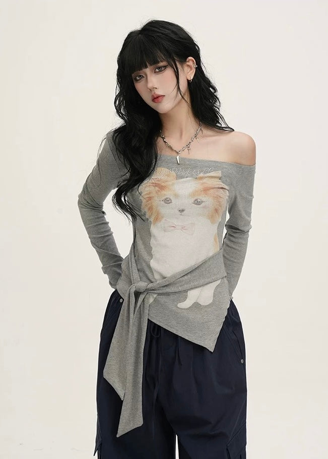 CAT GRAPHIC OFF-SHOULDER TOP / LG1393