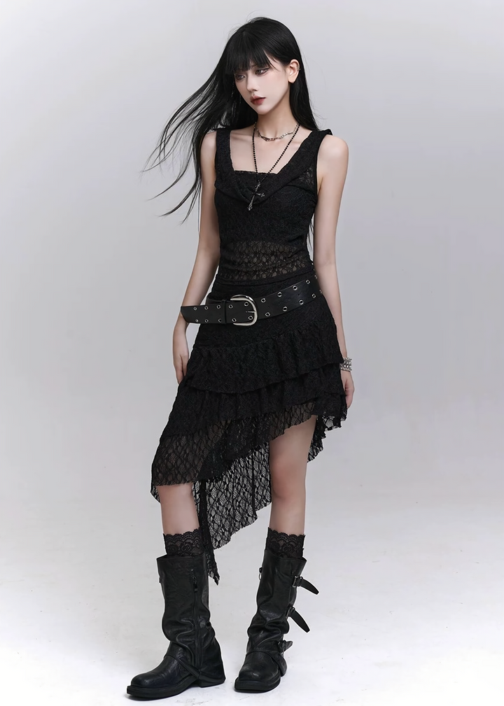 Sheer gathered hood cami &amp;amp; layered chiffon long skirt / lg1315 