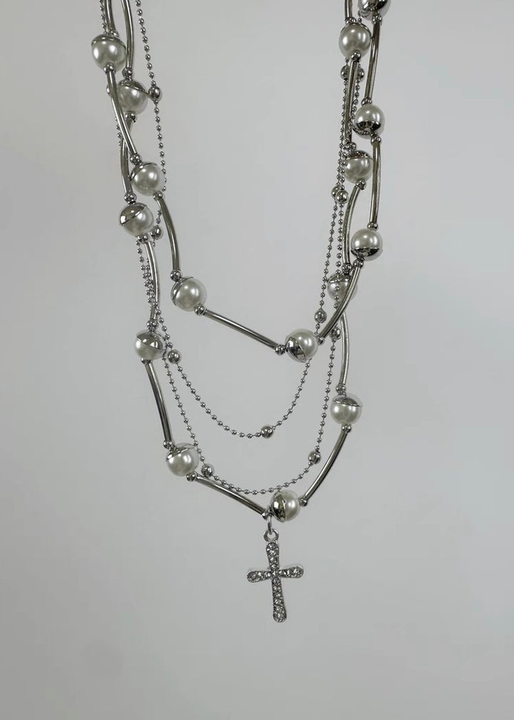 French Pearl Cross Chain Necklace / a1115