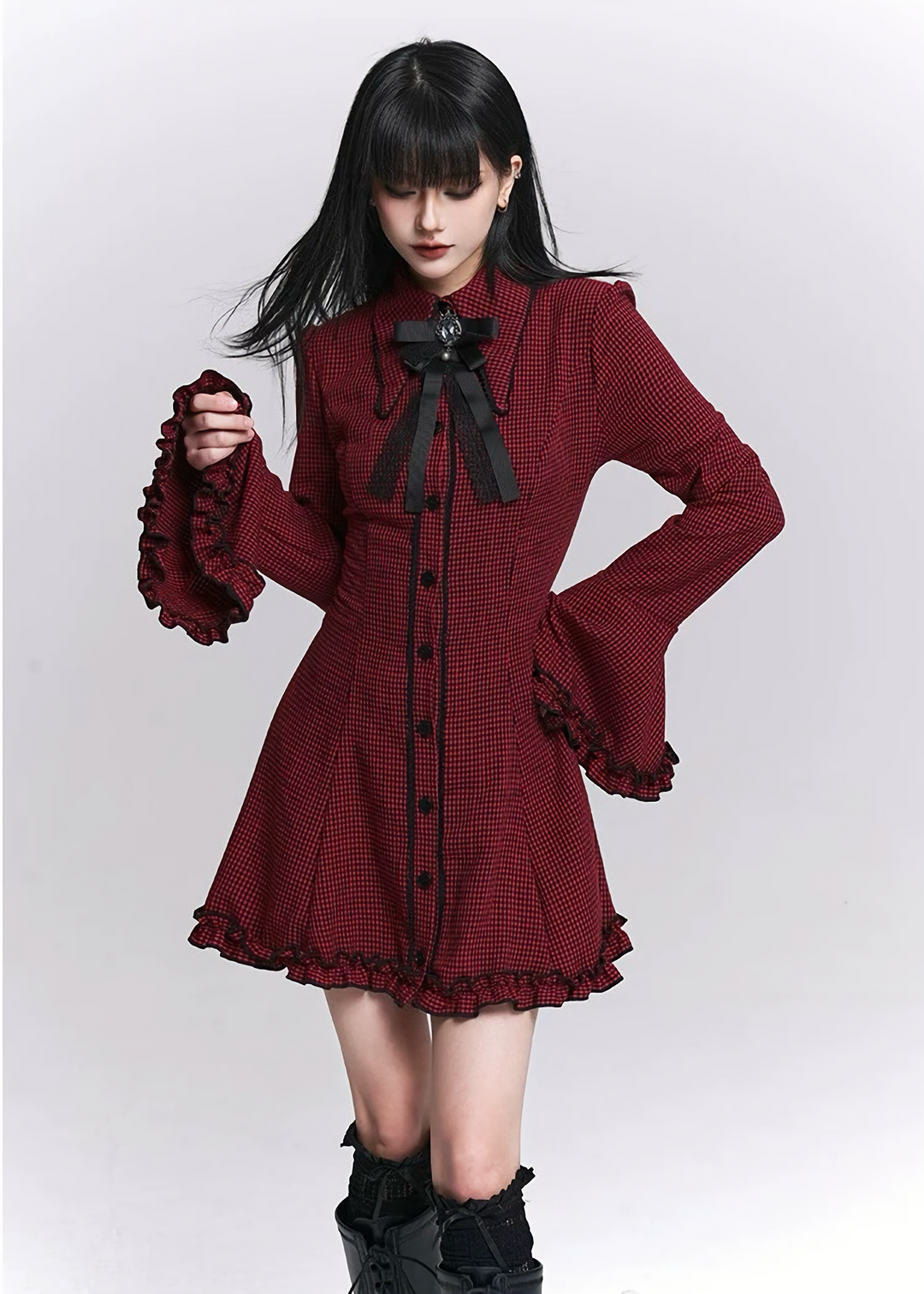 Flare Sleeve Check Shirt Dress / LG1518