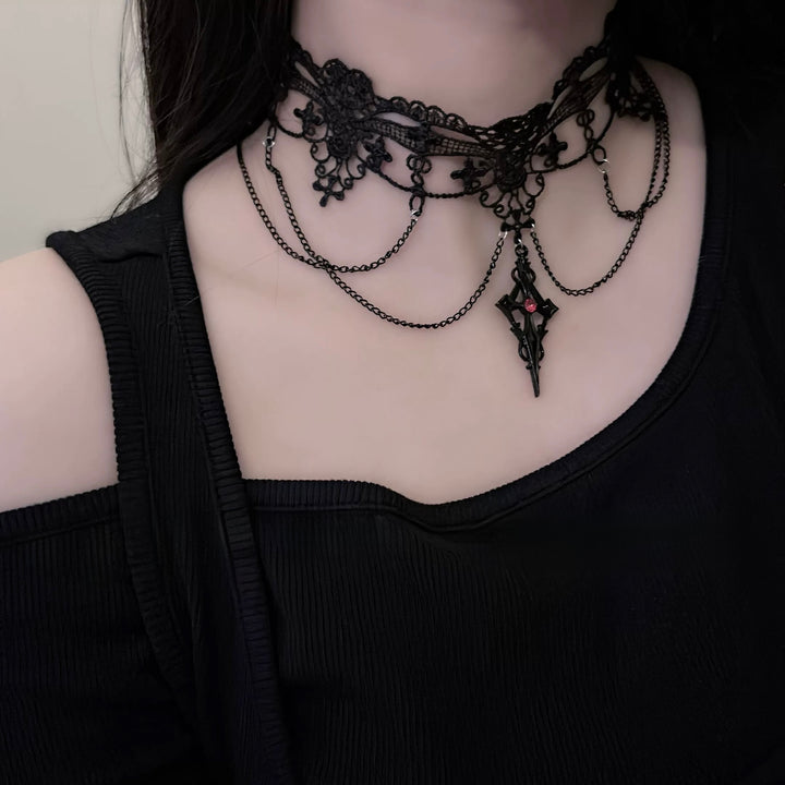 Black Lace Chain Gothic Choker / a1113_e4r