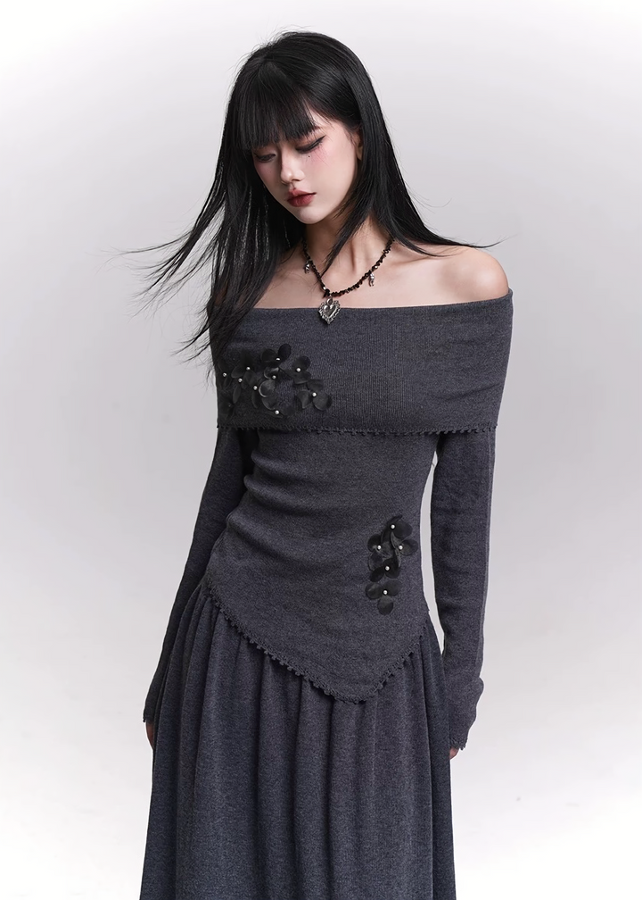 OFF-SHOULDER PETAL-APPLIQUÉ LONG ONE-PIECE / LG1459