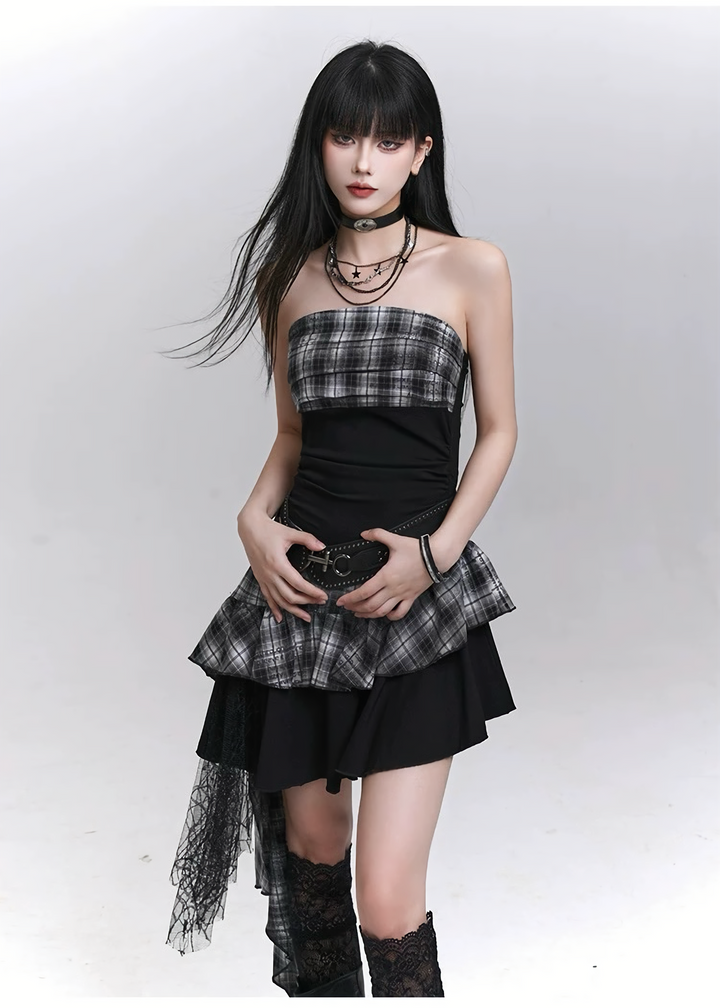 Check drape mini dress / LG1292 