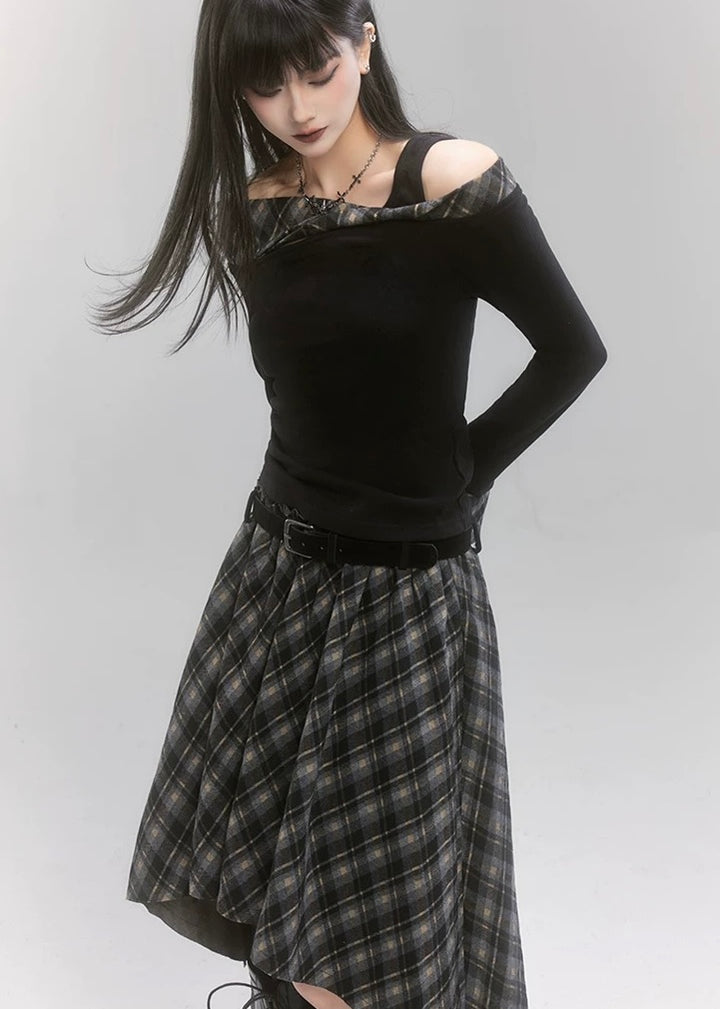 off shoulder check top &amp; unbalanced check skirt / LG1189 