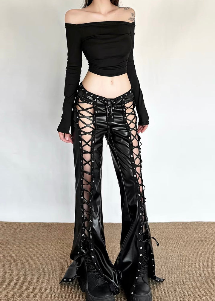 DARK LACE-UP FLARE PANTS / LG1656