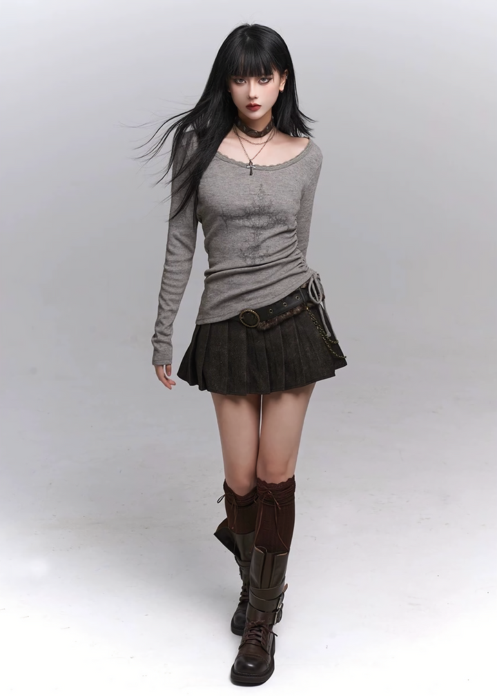 Side shirred long sleeve top / lg1339