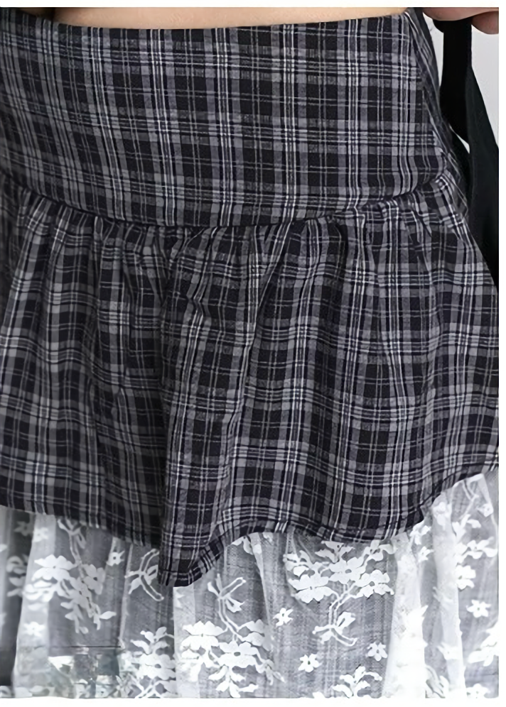TIERED CHECK LACE LONG SKIRT/LG1415