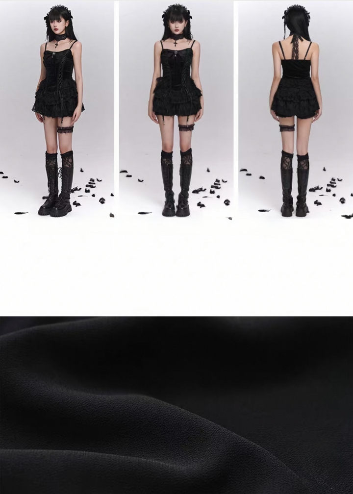 Gothic Lace Camisole &amp;amp; Frill Skirt Set + Flare Sleeve Cardigan / LG1404