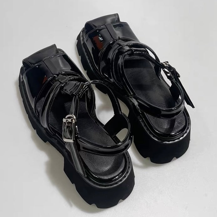 DARK Patent Strap Chunky Heel Sandals / V1181