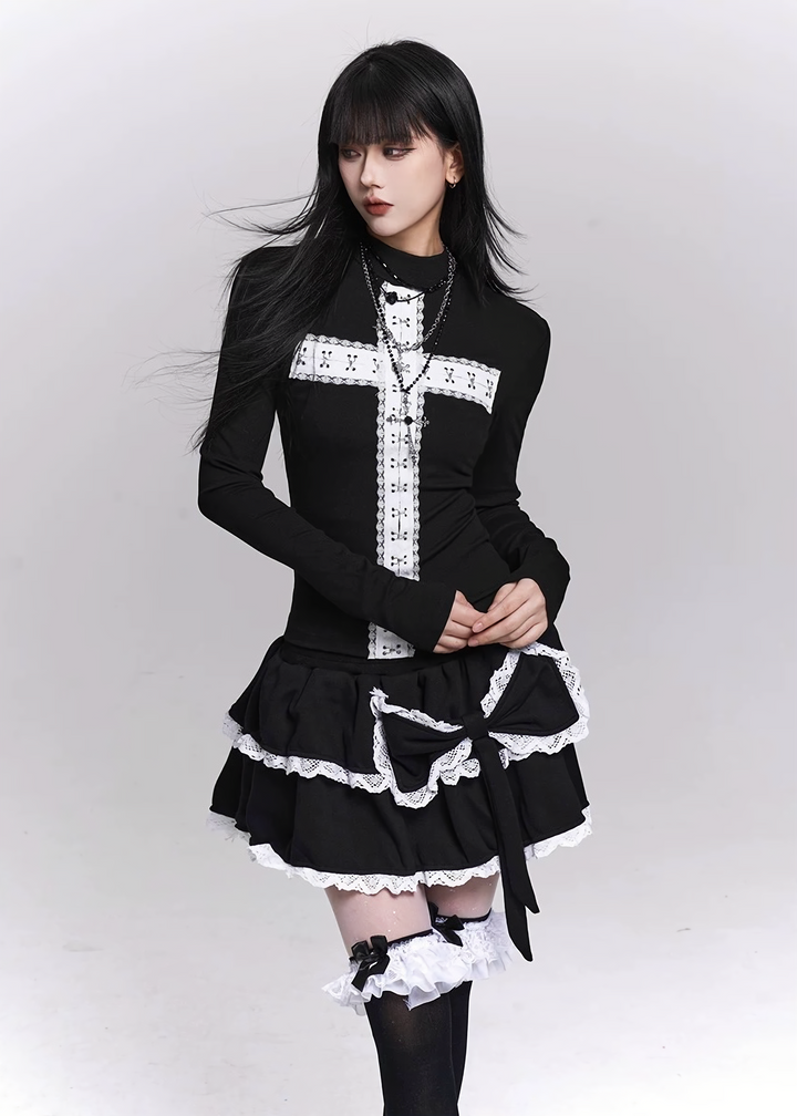 LACE TRIM TIERED SKIRT / LG1492