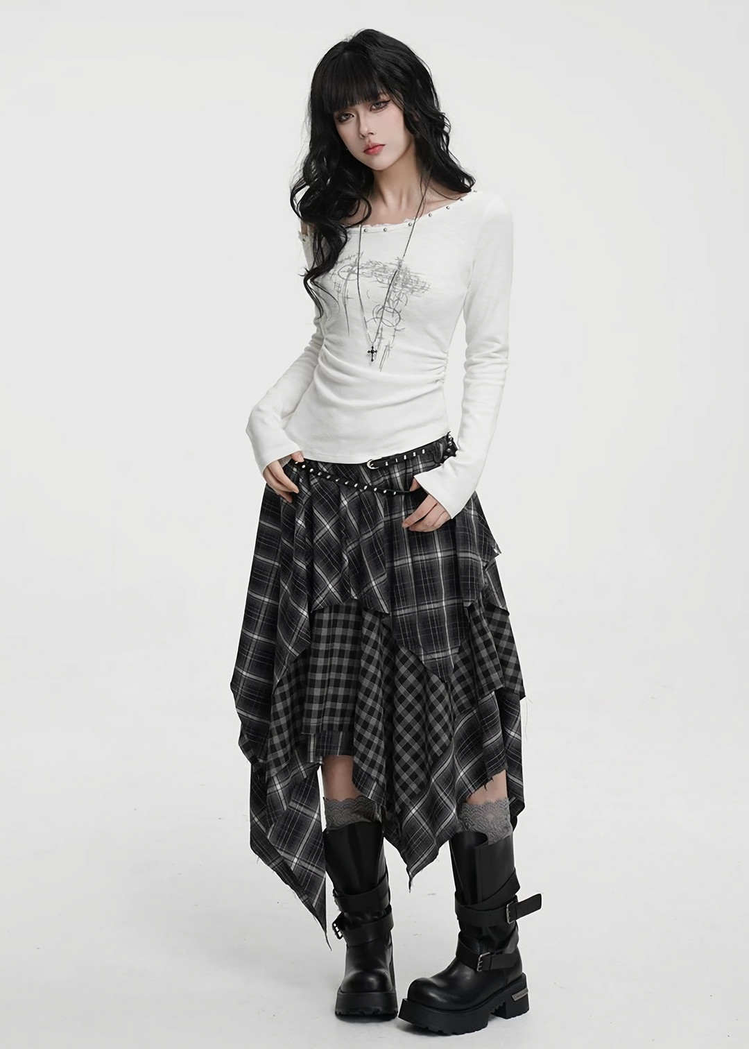 ASYMMETRIC CHECK DRAPE SKIRT / LG1424