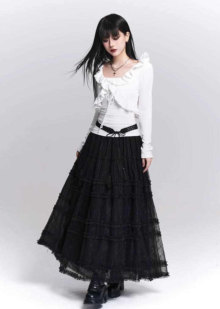 BLACK LACE TIERED MESH SKIRT / LG1531_e4r