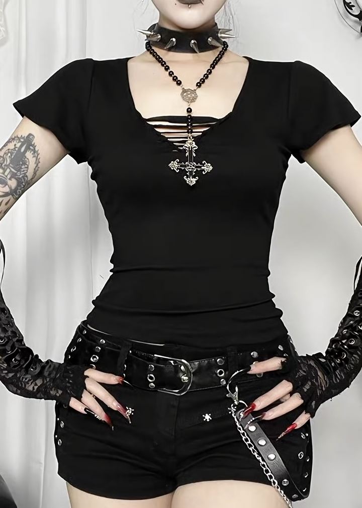 DARK LACE-UP V-NECK TOP / LG1636