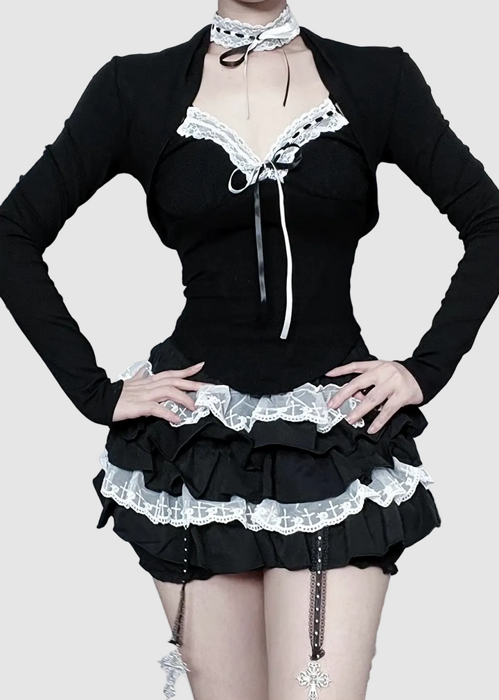 BLACK LACE RIBBON LAYERED TOP / LG1577